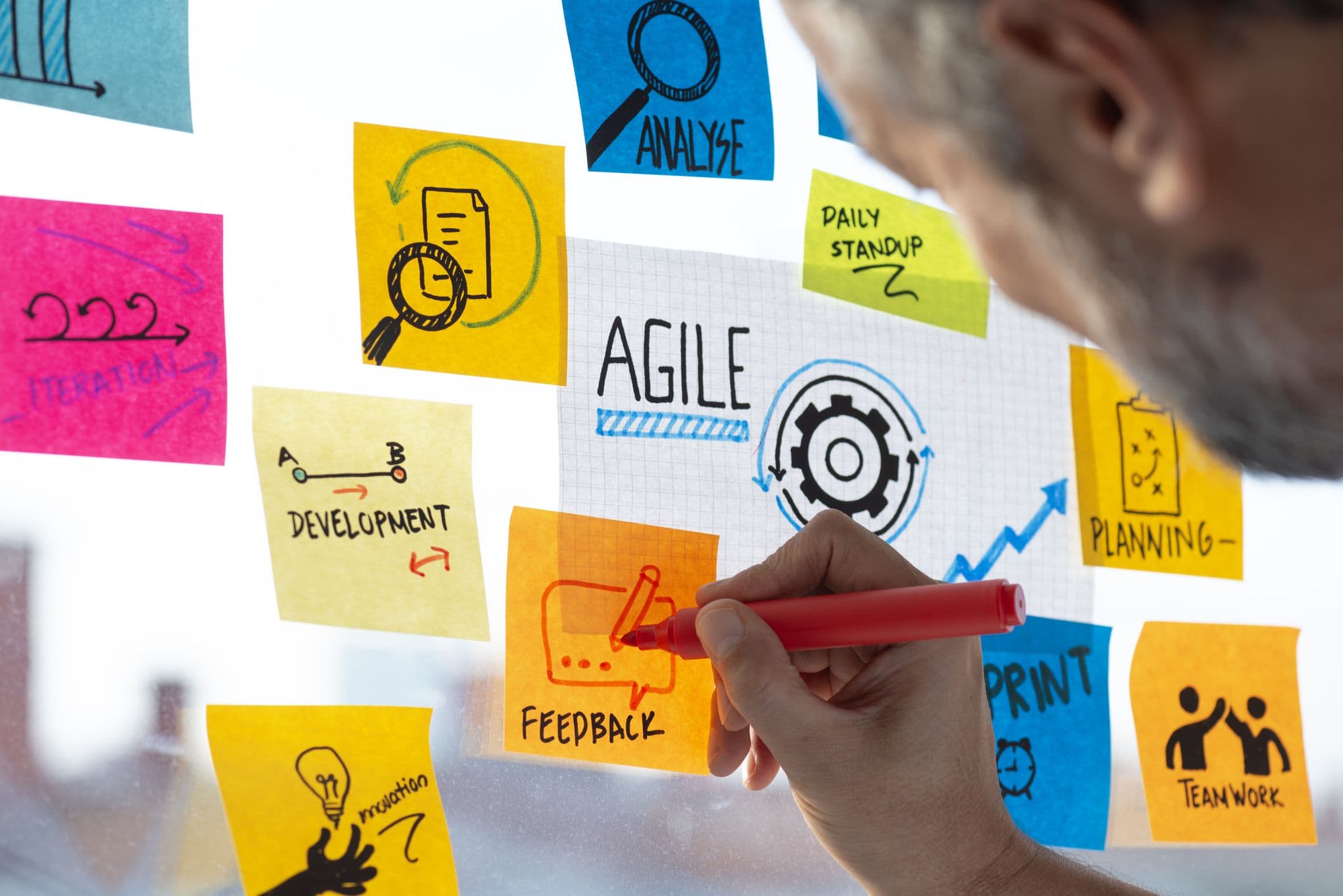 An agile working wall with post it notes and someone adding a feedback note